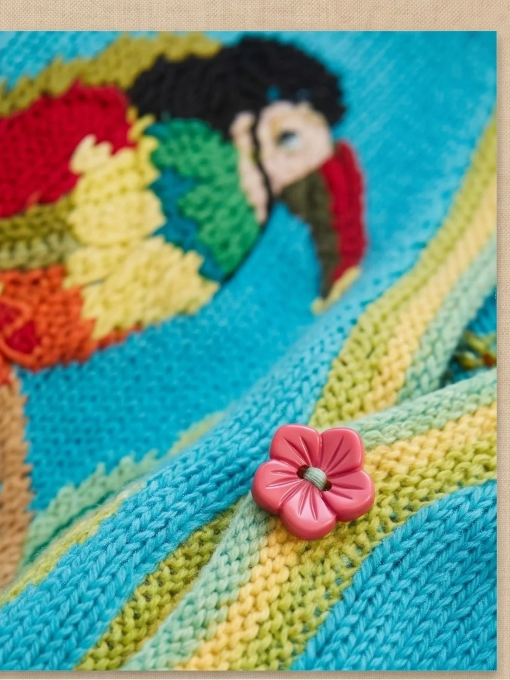 Handknits by Storybook Kruts Tropical Parrot Cardigan Turq Embroidery Sweater Lg